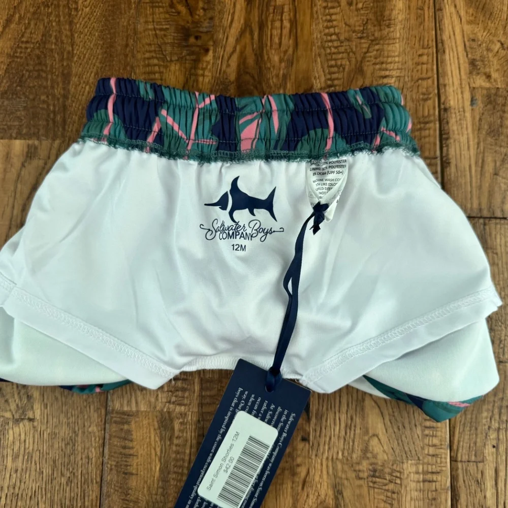 NWT Saltwater Boys Saint Simons Swim Trunks Boys Size 12 Months Navy Palms A‎